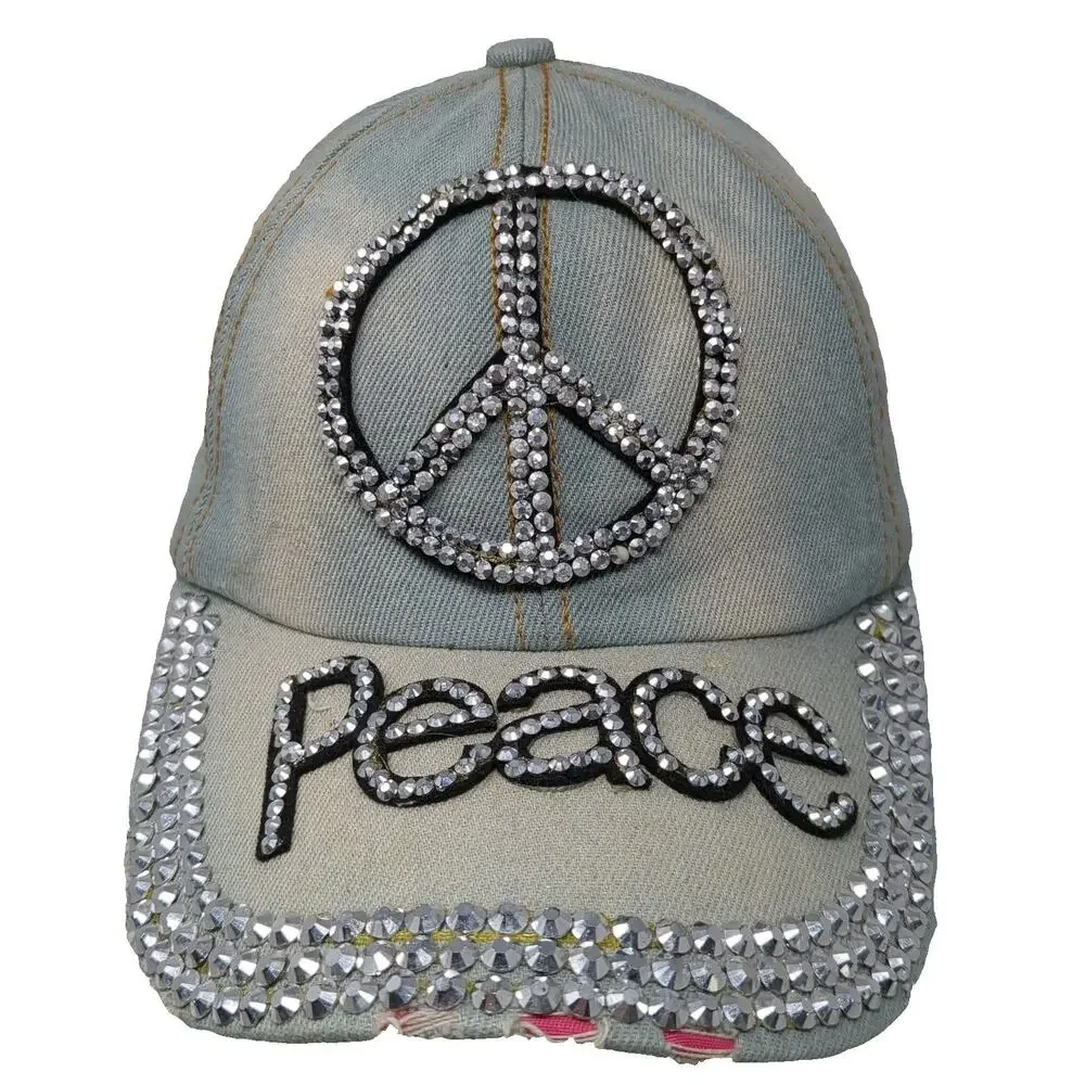 Baseball Cap Blue One Size Studded Rhinestone Peace Sign Denim Slideback Hat